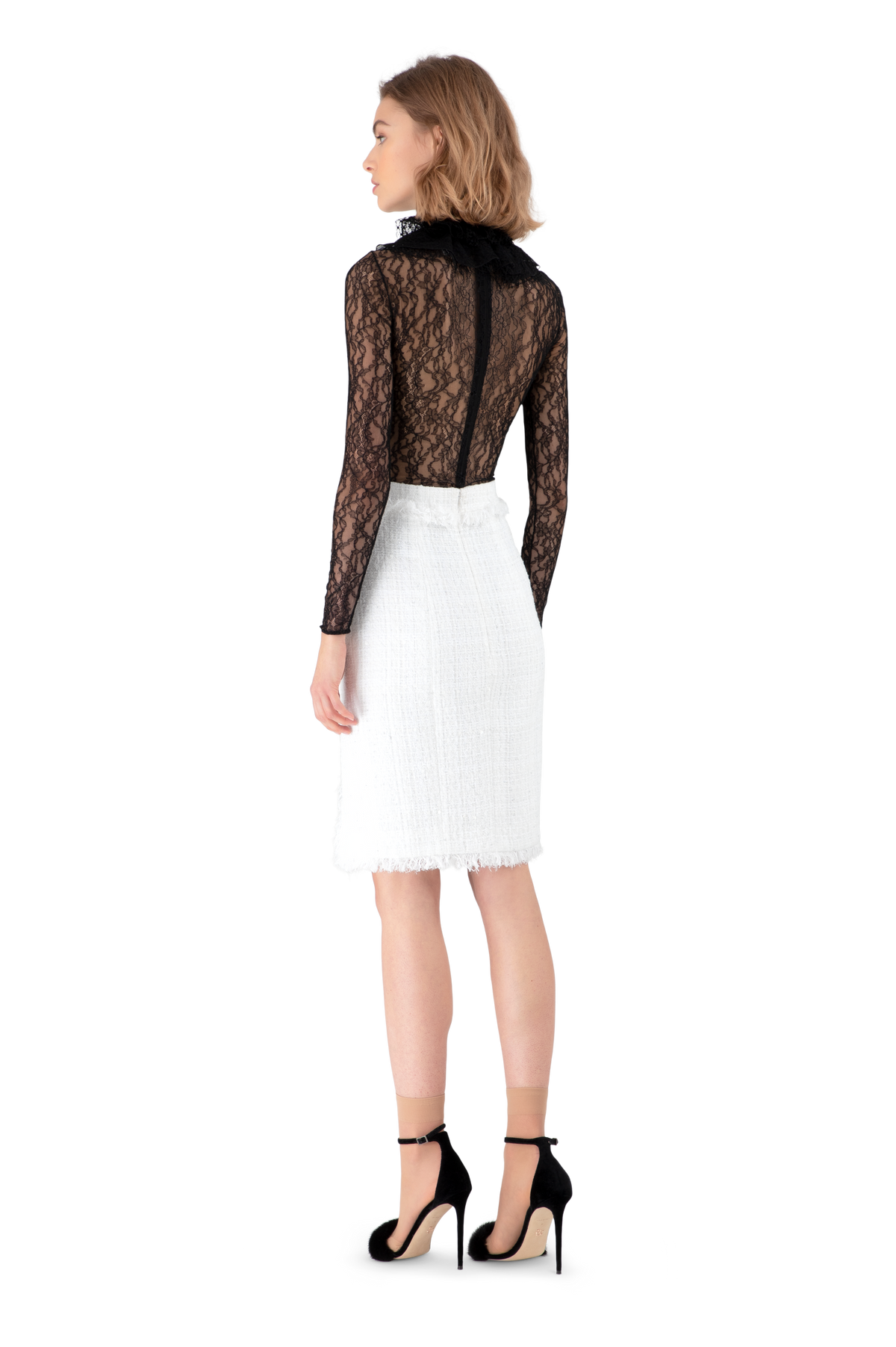 White Sequin Tweed Midi Skirt